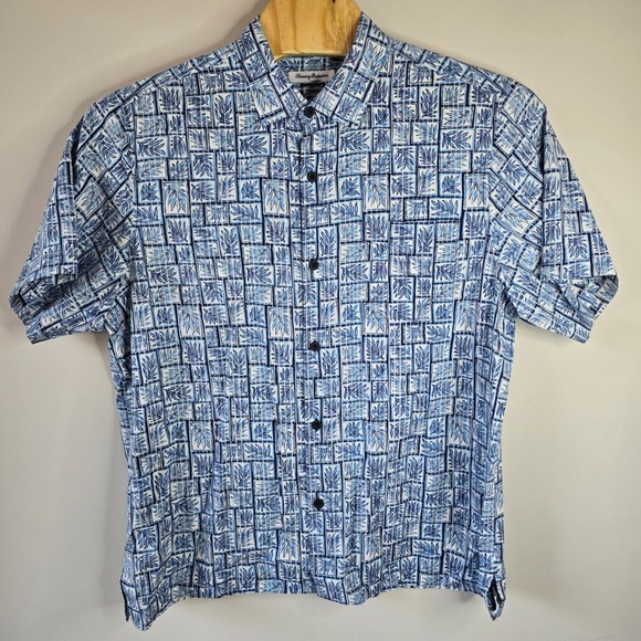 Tommy Bahama Other - Tommy Bahama Mens XL Blue White Cotton Silk Botanical Tile Print Camp Shirt